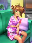  :o antenna_hair brown_hair cardcaptor_sakura couch food fruit green_eyes highres japanese_clothes kinomoto_sakura mutsuki_(moonknives) pillow popsicle short_twintails sitting solo twintails watermelon watermelon_bar 