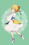  :3 alternate_hairstyle animal_ears blonde_hair fox_ears fox_tail hair_bun looking_back no_hat no_headwear short_hair sleeves_past_wrists solo tail touhou yakumo_ran yellow_eyes yoshida_nishi younger 