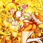  ass blonde_hair boots bow choker cure_sunshine ebi_tendon flower hair_ribbon heart heartcatch_precure! instrument knee_boots long_hair magical_girl midriff myoudouin_itsuki one_eye_closed orange_bow orange_choker orange_eyes precure ribbon shiny_tambourine skirt solo sunflower tambourine twintails wrist_cuffs yellow yellow_background 