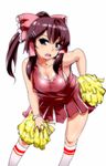  bad_id bad_pixiv_id bent_over black_eyes bow breasts brown_hair cheerleader cleavage downblouse hair_bow hair_ornament hairclip hakurei_reimu hand_on_hip highres hyudora kneehighs long_hair medium_breasts pom_poms socks solo sweat touhou 