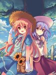  bad_id bad_pixiv_id bag blonde_hair bow character_request cloud copyright_request day fence flower gloves handbag hat holding_hands multiple_girls outdoors peach_(momozen) purple_hair red_eyes ribbon skirt sky sunflower tree 