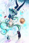  bad_id bad_pixiv_id bell book cat detached_sleeves grass hatsune_miku headset iku2727 legs long_hair necktie pumpkin solo star thighhighs twintails upside-down vocaloid 