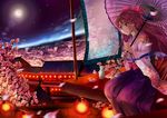  alcohol architecture cloud cup east_asian_architecture flower house japanese_clothes lantern mizumiyako moon oriental_umbrella original sakazuki sake sitting sky solo star_(sky) starry_sky tokkuri tree umbrella 