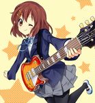  blazer guitar hair_ornament hairclip hirasawa_yui instrument jacket k-on! one_eye_closed paco pantyhose school_uniform shoes smile solo star uwabaki 