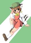  animal_ears bad_id bad_pixiv_id brown_eyes brown_hair cat_ears cat_tail chen earrings fang hat jewelry kyokutou_hentai_samurai multiple_tails short_hair solo tail touhou 