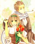  1girl axis_powers_hetalia belgium_(hetalia) blonde_hair bouquet breasts brother_and_sister coat dress flower gloves green_eyes green_hairband hair_ribbon hairband holding_hands kiseru medium_breasts netherlands_(hetalia) pipe ponshiru ribbon scar scarf siblings striped striped_scarf tulip 