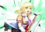  arm_warmers blonde_hair character_name ging_(tokushima) green_eyes guitar highres instrument microphone microphone_stand mizuhashi_parsee music open_mouth pointy_ears short_hair singing solo touhou 