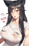  1girl ahri_(league_of_legends) animal_ears bangs black_hair blush breasts collarbone commentary covered_nipples english_commentary eyebrows_visible_through_hair eyelashes facial_mark foreshortening fox_ears hair_between_eyes head_tilt heart highres jersey large_breasts league_of_legends lips long_hair looking_at_viewer milfxxxiii mole mole_under_eye nike open_mouth orange_eyes parted_bangs puffy_nipples reaching_out selfie shiny shiny_hair shirt short_sleeves simple_background sk_telecom_t1 slit_pupils solo straight_hair tight tight_shirt tongue tsurime upper_body whisker_markings white_background white_shirt 