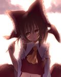  backlighting bloom bow brown_eyes brown_hair detached_sleeves gohei hair_bow hakurei_reimu head_tilt large_bow nana_mikoto navel solo touhou upper_body 