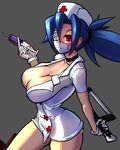  1girl blue_hair breasts cleavage collar large_breasts nurse red_eyes skullgirls valentine_(skullgirls) 