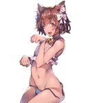  ;d animal_ears bell bell_choker bra brown_hair bulge cat_ears choker fang felix_argyle looking_at_viewer male_focus navel one_eye_closed open_mouth otoko_no_ko panties paw_pose purple_bra purple_panties re:zero_kara_hajimeru_isekai_seikatsu redcomet simple_background smile solo underwear white_background yellow_eyes 