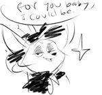  ambiguous_form ambiguous_gender anthro big_ears black_and_white black_eyes black_nose canine clothed clothing dialogue digital_drawing_(artwork) digital_media_(artwork) disney ears_up english_text eyebrows fangs fennec finnick flirting fox half-closed_eyes hat head_tilt long_ears looking_at_viewer mammal monochrome no_iris open_mouth raised_eyebrow shrek_(series) simple_background sketch smile snout solo star text thelittlemetermaid tongue white_background zootopia 
