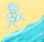  anthro beach bikini blue_fur breasts butt cartoon_network cat cleavage clothed clothing feline female fur green_eyes looking_down mammal mature_female mother navel nicole_watterson one_eye_closed parent sea seaside solo sonic3 spread_eagle sweat swimsuit the_amazing_world_of_gumball water 
