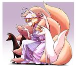  animal animal_ears arm_tattoo blonde_hair facial_tattoo fingernails fox fox_ears fox_shadow_puppet fox_tail from_side gradient gradient_background hat kikoka_(mizuumi) kitsune multiple_tails nail_polish pillow_hat purple_background red_eyes red_nails sharp_fingernails shirt shoes short_hair skirt tabard tail tassel tattoo touhou white_footwear white_hat white_shirt white_skirt wide_sleeves yakumo_ran yellow_eyes 