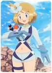  absurdres blonde_hair blue_eyes blue_gloves blue_ribbon cloud cosplay cowboy_shot day fuuro_(pokemon) fuuro_(pokemon)_(cosplay) gazing_eye gloves highres holster midriff navel open_mouth pokemon pokemon_(anime) pokemon_xy_(anime) ribbon serena_(pokemon) short_hair shorts sky smile solo sparkle thigh_holster 