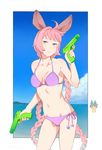  1girl absurdres ahoge animal_ears bad_id bad_twitter_id bangs bikini blue_eyes blue_sky blush braid breasts brother_and_sister cleavage cloud collarbone comic cowboy_shot day erune esser eyeshadow granblue_fantasy groin hair_intakes highres holding iichiko_(398016) long_hair makeup medium_breasts navel ocean outdoors pink_hair purple_bikini quatre_(granblue_fantasy) siblings side-tie_bikini sky solo_focus star swimsuit twin_braids very_long_hair water water_gun 