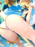  artoria_pendragon_(all) artoria_pendragon_(swimsuit_archer) ass bare_shoulders blonde_hair braid fate/grand_order fate_(series) from_behind green_eyes hair_bun kousaki_rui solo swimsuit wet 