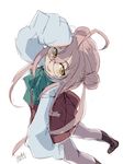  2016 4suke ahoge aqua_bow artist_name bangs black_footwear blush boots bow dated double_bun dutch_angle glasses grey_legwear hair_between_eyes kantai_collection leaning_back long_hair long_sleeves makigumo_(kantai_collection) open_mouth pantyhose pink_hair red_skirt school_uniform simple_background skirt sleeves_past_fingers sleeves_past_wrists smile solo standing white_background yellow_eyes 
