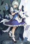  apron blue_skirt blue_vest bow braid card full_body gloves green_bow green_ribbon hair_ribbon high_heels highres izayoi_sakuya jiliang_ji_ying joker knife looking_at_viewer maid maid_headdress neck_ribbon playing_card puffy_short_sleeves puffy_sleeves ribbon short_sleeves silver_eyes silver_hair skirt solo touhou tress_ribbon twin_braids vest waist_apron white_gloves 