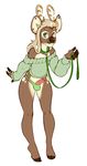  anthro antlers brown_eyes brown_fur cervine clothing collar crobat_(artist) deer ear_piercing fur girly green_eyes grin hair heterochromia hooves horn humanoid_penis jewelry leaning leaning_forward leash long_hair male mammal multicolored_fur offering_leash osheen penis piercing simple_background solo sweater tan_fur thong white_background 