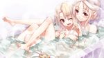  ;d barefoot bath bathing bathtub blush breasts cheek_poking fate/kaleid_liner_prisma_illya fate_(series) feet highres illyasviel_von_einzbern irisviel_von_einzbern jpeg_artifacts kaleidostick large_breasts long_hair magical_ruby matsuryuu mother_and_daughter multiple_girls navel nude one_eye_closed open_mouth partially_submerged poking red_eyes shared_bathing smile steam toes towel towel_on_head white_hair white_towel 