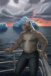  2015 anthro biceps body_hair brian_cochen chest_hair clothed clothing cloud cureboltium detailed_background digital_media_(artwork) equine front_view fur grey_fur hair hair_over_eyes hi_res horse iceberg male mammal musclegut muscular muscular_male nipples outside pants pecs sea ship sky solo sunset topless url vehicle water white_hair 