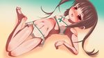  1girl armpit barefoot character_request child copyright_request eyebrows eyebrows_visible_through_hair feet female kogakunama long_hair looking_at_viewer lying on_back open_mouth original shadow shiny shiny_skin solo swimsuit thigh_gap 