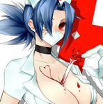  1girl blue_hair breasts cleavage collar large_breasts nurse red_eyes skullgirls valentine_(skullgirls) 