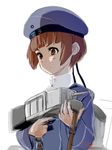  &gt;:( 2016 4suke aa_gun artist_name bangs blue_hat closed_mouth clothes_writing dated frown hat holding kantai_collection long_sleeves sailor_collar sailor_hat short_hair simple_background solo trigger_discipline turret upper_body v-shaped_eyebrows white_background z3_max_schultz_(kantai_collection) 