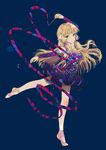  artist_name bare_shoulders blonde_hair breasts brown_eyes chii chobits copyright_name dancer dangmill leg_up long_hair medium_breasts ribbon robot_ears simple_background solo tiptoes 