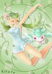  dark_skin fomantis gen_7_pokemon green_eyes green_hair highres ladle looking_at_viewer mao_(pokemon) mitsuru_(cp2wbrx85jaeknz_3h) pokemon pokemon_(creature) pokemon_(game) pokemon_sm smile solo twintails 