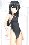  asashio_(kantai_collection) bangs black_hair blue_eyes breasts cameltoe closed_mouth competition_swimsuit cowboy_shot eyebrows_visible_through_hair highleg highleg_swimsuit highres kantai_collection long_hair looking_at_viewer one-piece_swimsuit small_breasts solo standing swimsuit takafumi 