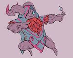  2015 anthro bard_(lol) barefoot blue_eyes bottomless brown_body cloak clothed clothing colored cute digital_drawing_(artwork) digital_media_(artwork) duo empty_eyes green_clothing horn league_of_legends manlyster markings meep_(lol) pink_markings pose purple_background riot_games shaded simple_background solo_focus spirit toony video_games wood 