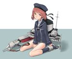  between_legs blue_footwear blue_hat blue_legwear blue_sailor_collar brown_eyes brown_hair cancell cannon closed_mouth dress hand_between_legs hat highres kantai_collection long_sleeves looking_at_viewer machinery panties pantyshot pantyshot_(sitting) sailor_collar sailor_dress shirt shoes short_dress short_hair sitting socks solo underwear wariza white_shirt z3_max_schultz_(kantai_collection) 