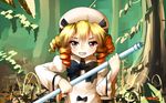  blonde_hair cattle_prod dress drill_hair eyelashes forest grin hat hat_ribbon juliet_sleeves long_sleeves luna_child nature no_wings puffy_sleeves red_eyes ribbon short_hair signature smile solo touhou welt_(kinsei_koutenkyoku) white_dress 