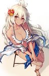  ahoge anklet bare_shoulders bikini blush breasts brown_eyes cleavage collarbone dark_skin flower from_above front-tie_top full_body granblue_fantasy hair_between_eyes hair_flower hair_ornament highres jewelry large_breasts long_hair looking_at_viewer navel oyu_(sijimisizimi) sandals shiny shiny_skin simple_background sitting smile solo stool swimsuit thigh_gap very_long_hair white_bikini white_hair zooey_(granblue_fantasy) 