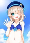  absurdres bikini blue_bikini blue_eyes blue_sky cloud cloudy_sky collarbone commentary_request day hat highres looking_at_viewer navel original sailor_hat short_hair silver_hair sky solo swimsuit tsumiki_akeno waving 