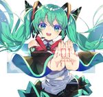  :d aqua_eyes character_name commentary_request detached_sleeves green_hair hatsune_miku headphones kinokoko-kino long_hair looking_at_viewer open_mouth pleated_skirt skirt smile solo twintails vocaloid 
