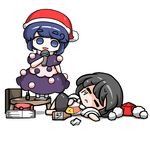  black_hair blue_eyes blue_hair chibi doremy_sweet dress drunk edowan hat lying microphone multiple_girls nightcap open_mouth pom_pom_(clothes) shameimaru_aya shirt short_hair skirt smile tokin_hat touhou 