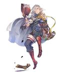  atelier_(series) atelier_firis bag book boots capelet fingerless_gloves glasses gloves grey_hair gun hair_over_one_eye highres kald_lau male_focus official_art purple_eyes simple_background solo teeth weapon white_background yuugen 