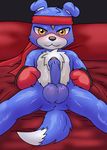 anthro anus balls bed bedroom_eyes blush boxing_gloves canine digimon erection gaomon half-closed_eyes headband humanoid_penis looking_at_viewer lying male mammal megalucario_(artist) mostly_nude on_back on_bed penis seductive solo 