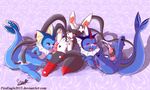  &lt;3 2016 blush cum cum_inside cum_on_body eeveelution group group_sex licking lying nintendo paws penis pok&eacute;mon pussy ribbons senz sex smile stroking sylveon threesome tongue tongue_out vaporeon video_games 