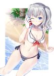  ;) adapted_costume alternate_costume arm_support ayakase_hotaru beach bikini blue_eyes bottle bottle_to_cheek breasts cleavage closed_mouth coconut_tree front-tie_top highres kantai_collection kashima_(kantai_collection) large_breasts navel one_eye_closed palm_tree partially_submerged sailor_bikini sailor_collar sand silver_hair sitting smile soda_bottle solo swimsuit tree twintails water wavy_hair 