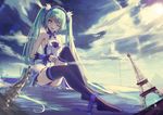  7th_dragon_(series) 7th_dragon_2020 aircraft airplane black_legwear eiffel_tower green_eyes green_hair hatsune_miku long_hair one_eye_closed sitting skirt solo statue_of_liberty thighhighs twintails very_long_hair vocaloid wangchuan_de_quanyan 