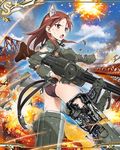  animal_ears ass battle explosion fire gun long_hair machine_gun minna-dietlinde_wilcke official_art panties red_eyes red_hair solo strike_witches striker_unit tail torn_clothes torn_panties underwear weapon wolf_ears wolf_tail world_witches_series 