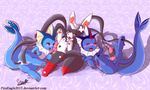  &lt;3 2016 blush eeveelution group group_sex licking lying nintendo paws penis pok&eacute;mon pussy ribbons senz sex smile stroking sylveon threesome tongue tongue_out vaporeon video_games 