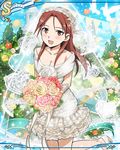  1girl blush breasts bridal_veil brown_eyes brown_hair cleavage long_hair looking_at_viewer minna-dietlinde_wilcke official_art smile solo strike_witches veil wedding wedding_dress 