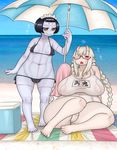  beach big_breasts bikini blush breasts camel_toe chikurako_kanoeki clothing eyewear female glasses horn looking_at_viewer namu_gunsou oni overweight seaside stitches swimsuit thick_thighs umbrella undead 