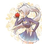  apple breasts closed_eyes earrings food fruit grimm's_fairy_tales hair_ornament iesupa jewelry kiss long_hair object_kiss ponytail rwby scar side_ponytail skirt small_breasts snow_white solo weiss_schnee 