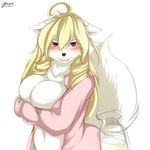  2016 anthro big_breasts blush breasts canine female fur hair long_hair looking_at_viewer mammal milk simple_background white_background white_fur yus-ts 